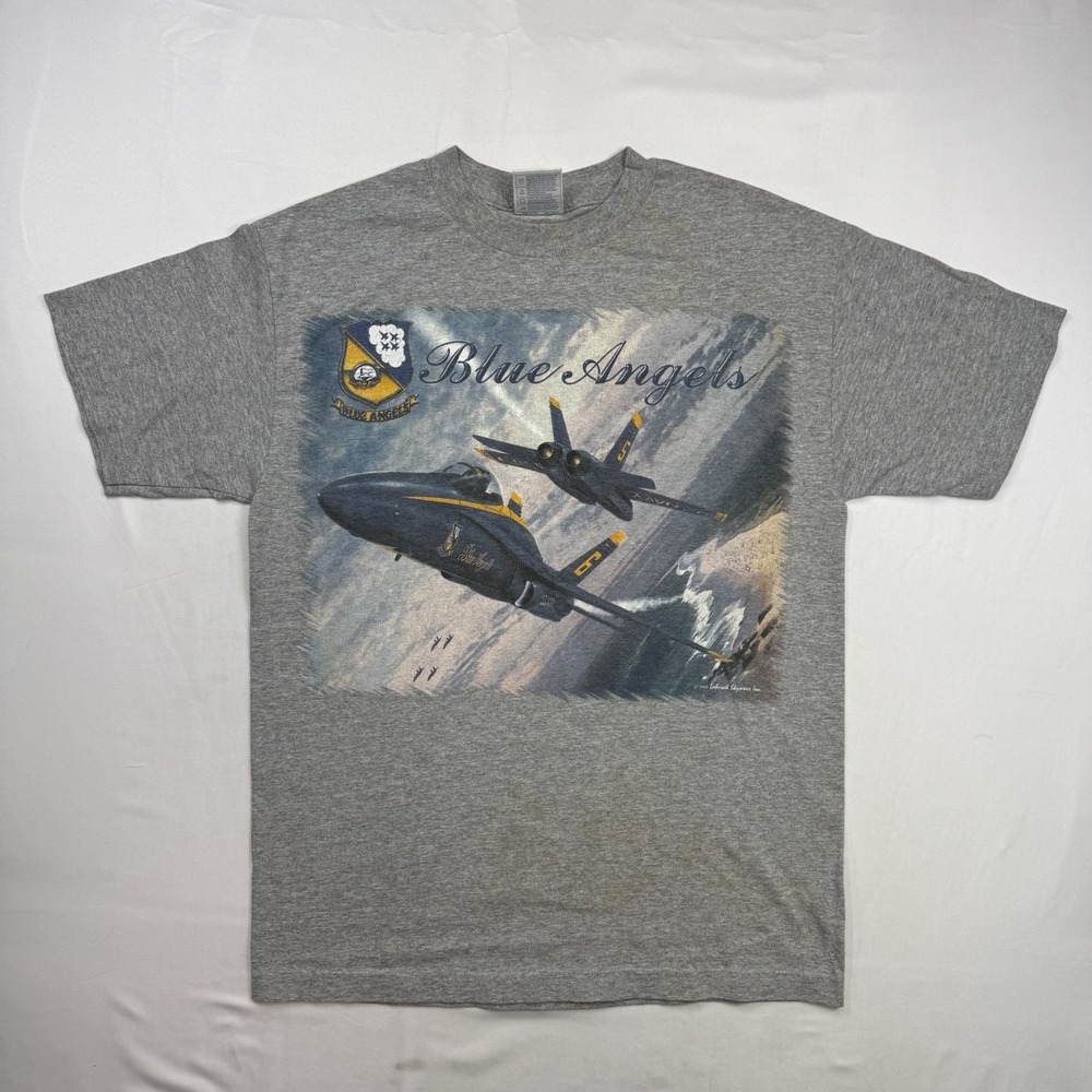 Vintage Y2K 2002 US Navy Blue Angels Fighter Jet Graphic Print Tee Sz M Alstyles